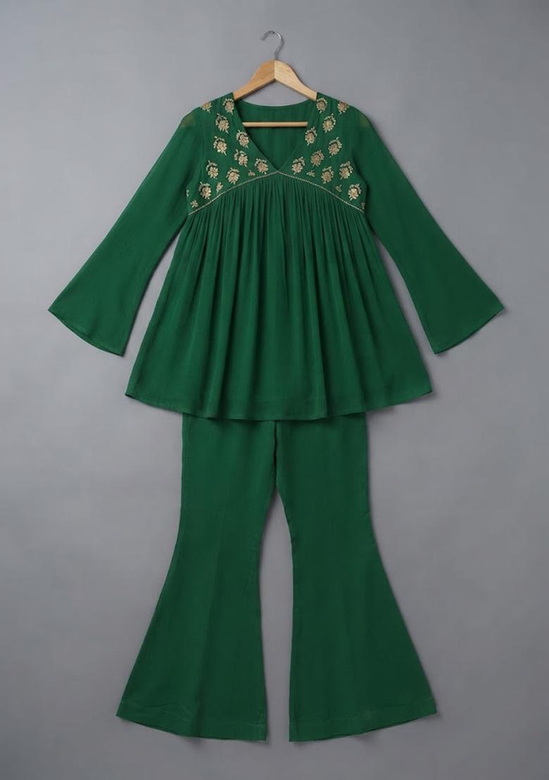 Girls Bottle Green Crepe Handwork Fusion Set - Indya