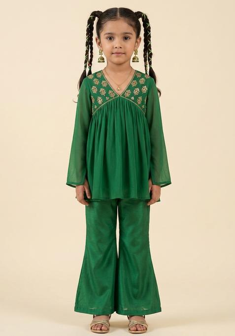 Girls Bottle Green Crepe Handwork Fusion Set