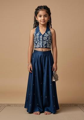 Girls Dark Blue Crepe Handwork Fusion Set