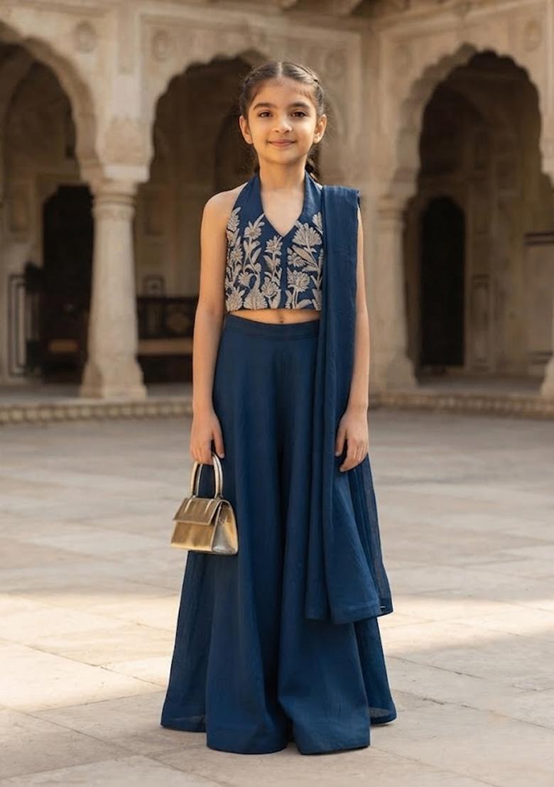 Girls Dark Blue Crepe Handwork Fusion Set - Indya