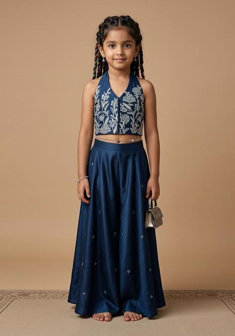 Girls Dark Blue Crepe Handwork Fusion Set