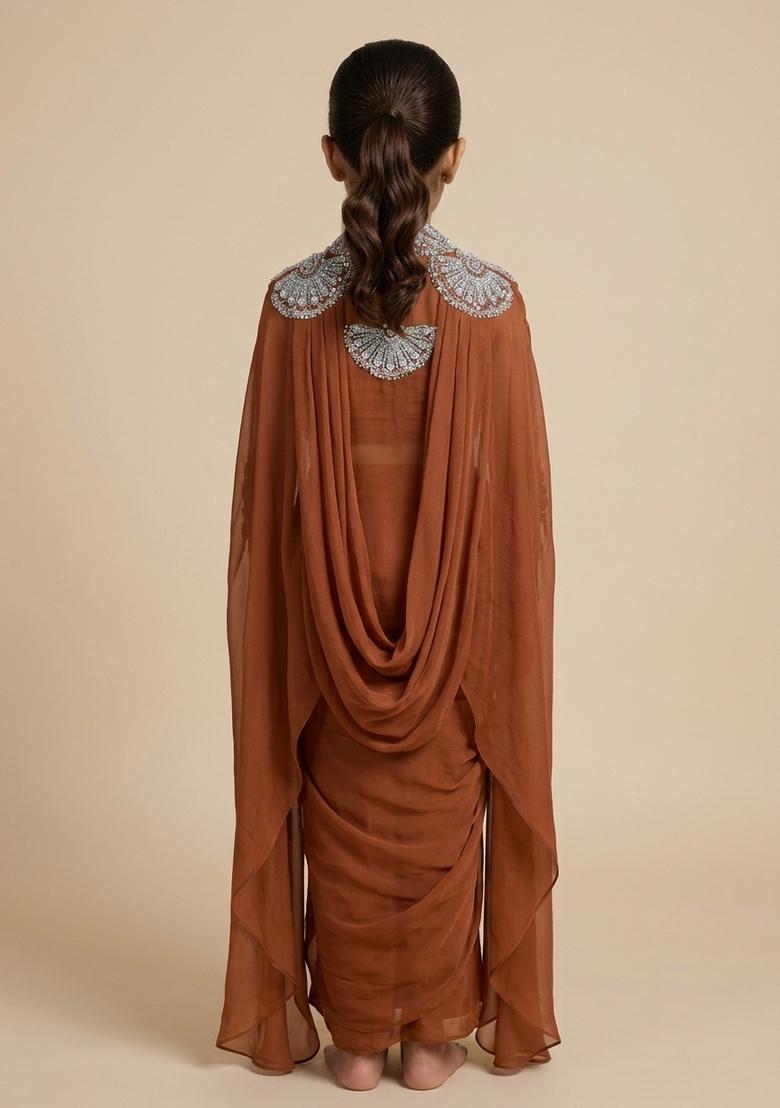 Girls Chocolate Brown Satin Handwork Fusion Set - Indya