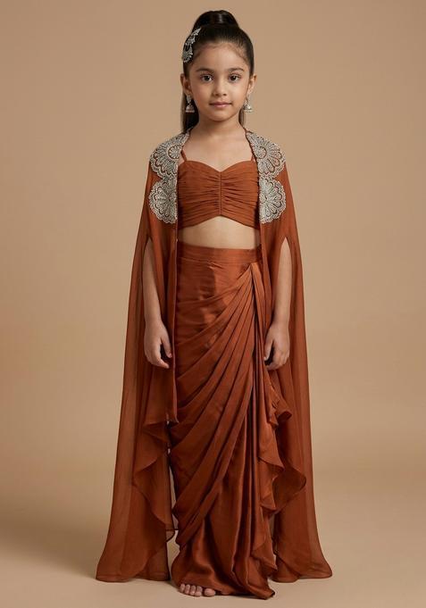 Girls Chocolate Brown Satin Handwork Fusion Set