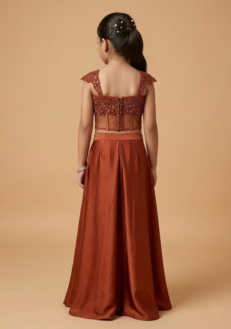Girls Rust Handwork Satin Fusion Set - Indya