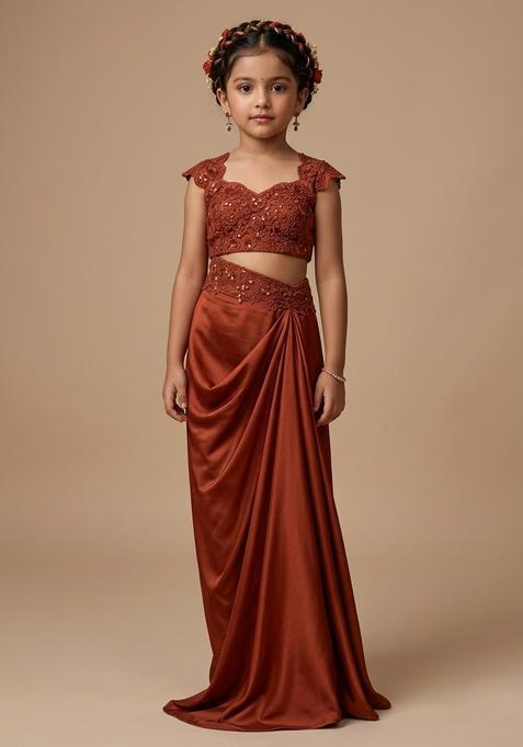 Girls Rust Handwork Satin Fusion Set
