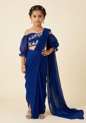 Girls Royal Blue Hand Work Georgette Pre Draped Saree Set