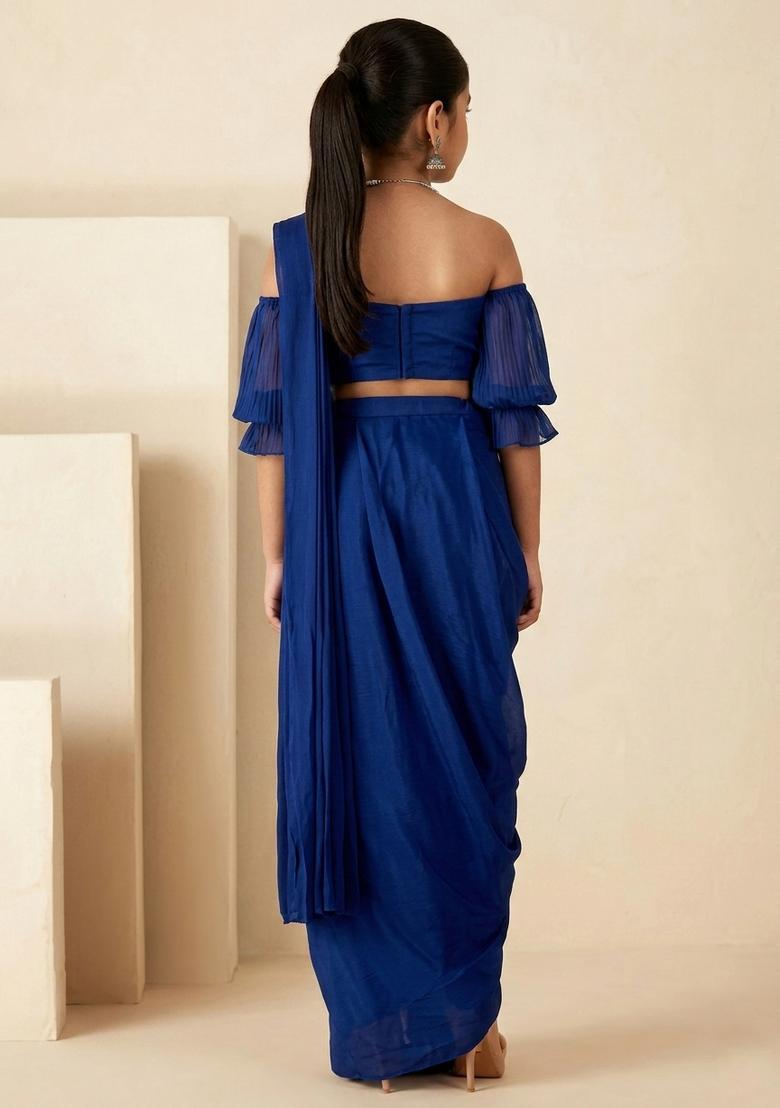 Girls Royal Blue Hand Work Georgette Pre Draped Saree Set - Indya