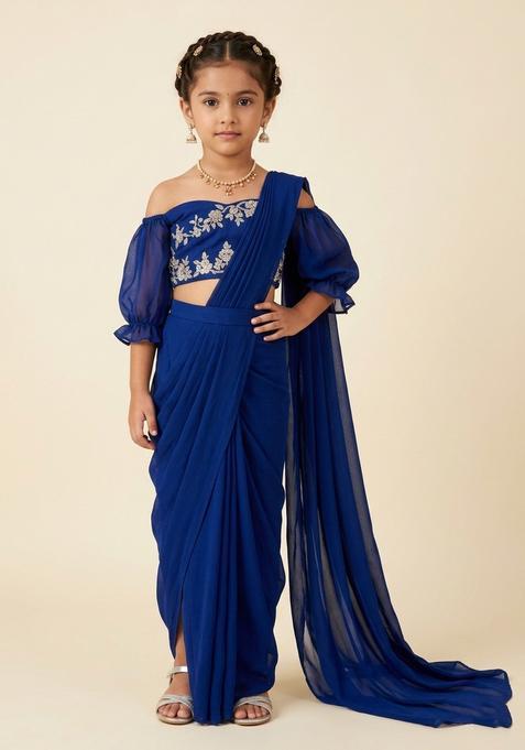 Girls Royal Blue Hand Work Georgette Pre Draped Saree Set