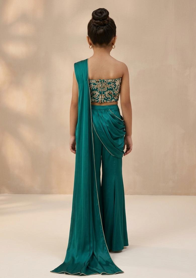 Girls Teal Green Hand Work Chinon Fusion Set - Indya
