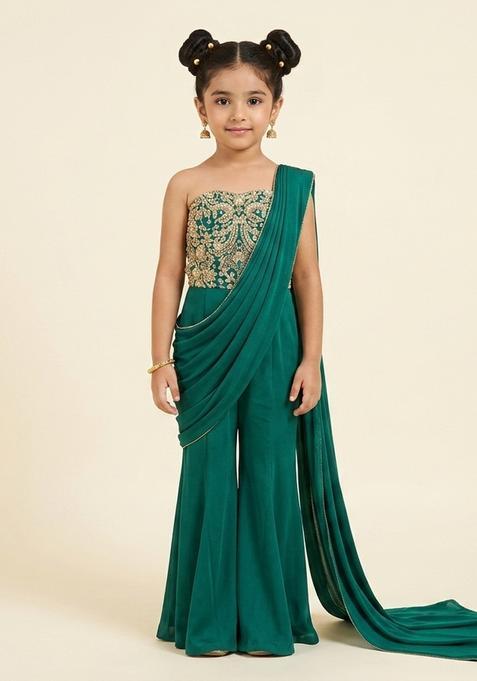 Girls Teal Green Hand Work Chinon Fusion Set