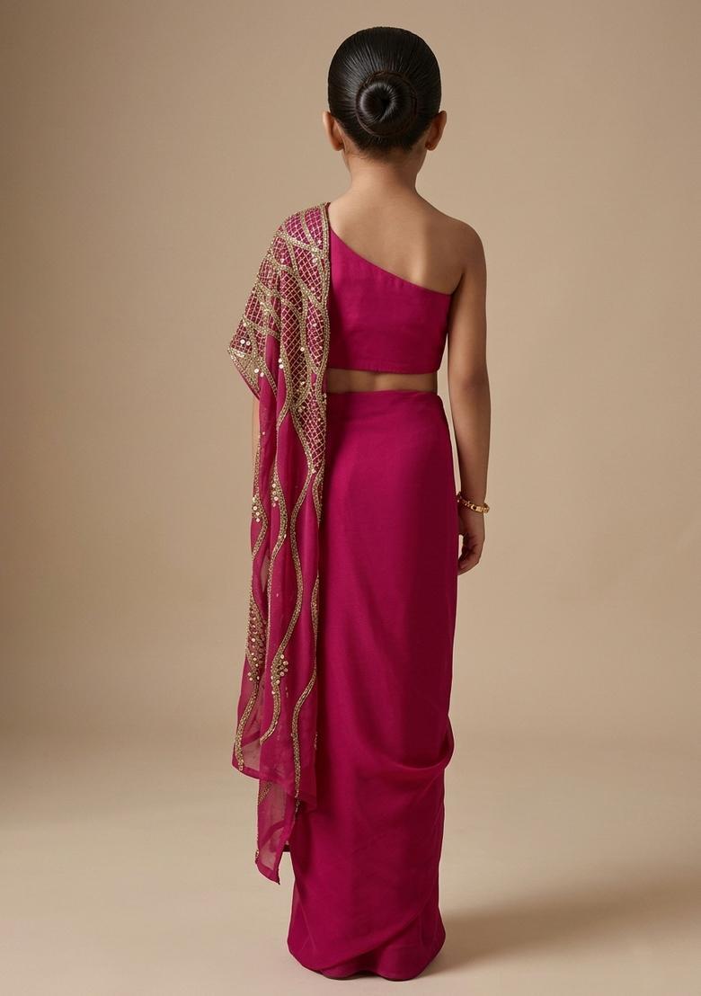 Girls Hot Pink Hand Work Embroidered Chinon Fusion Set - Indya