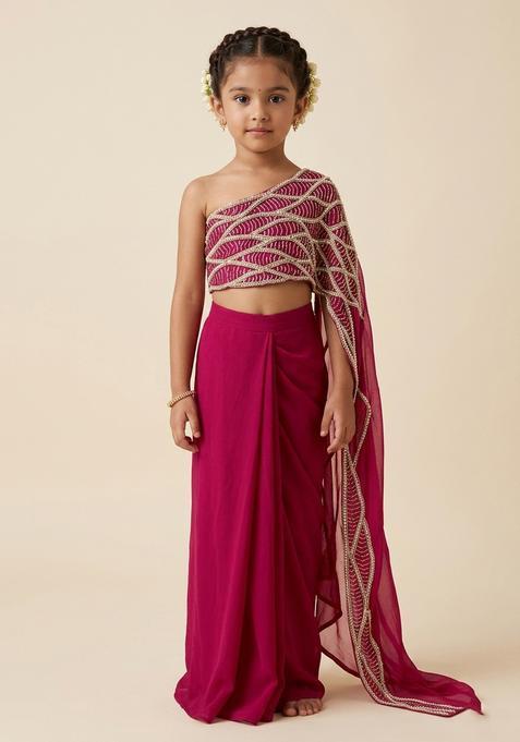 Girls Hot Pink Hand Work Embroidered Chinon Fusion Set