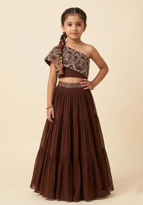 Girls Chestnut Brown Chinon Embellished Handwork Fusion Set