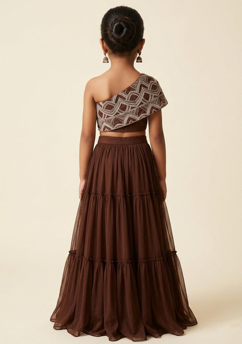 Girls Chestnut Brown Chinon Embellished Handwork Fusion Set - Indya