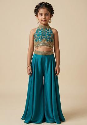 Girls Teal Crepe Embellished Handwork Fusion Set