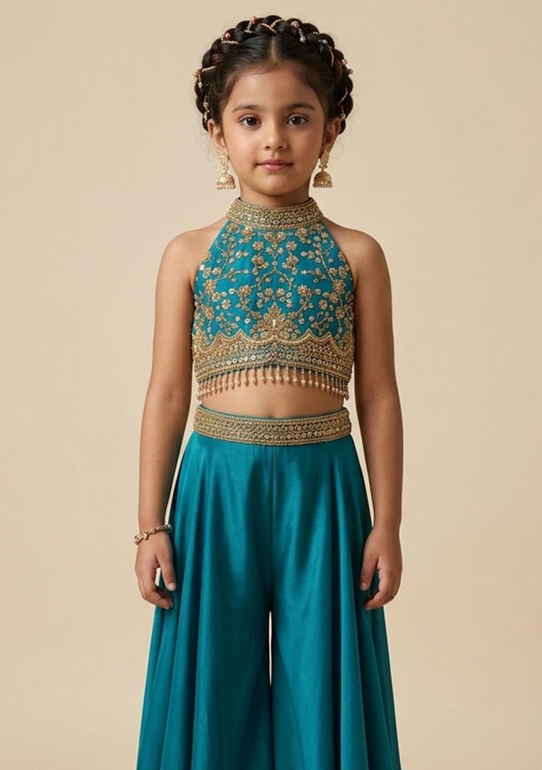 Girls Teal Crepe Embellished Handwork Fusion Set - Indya