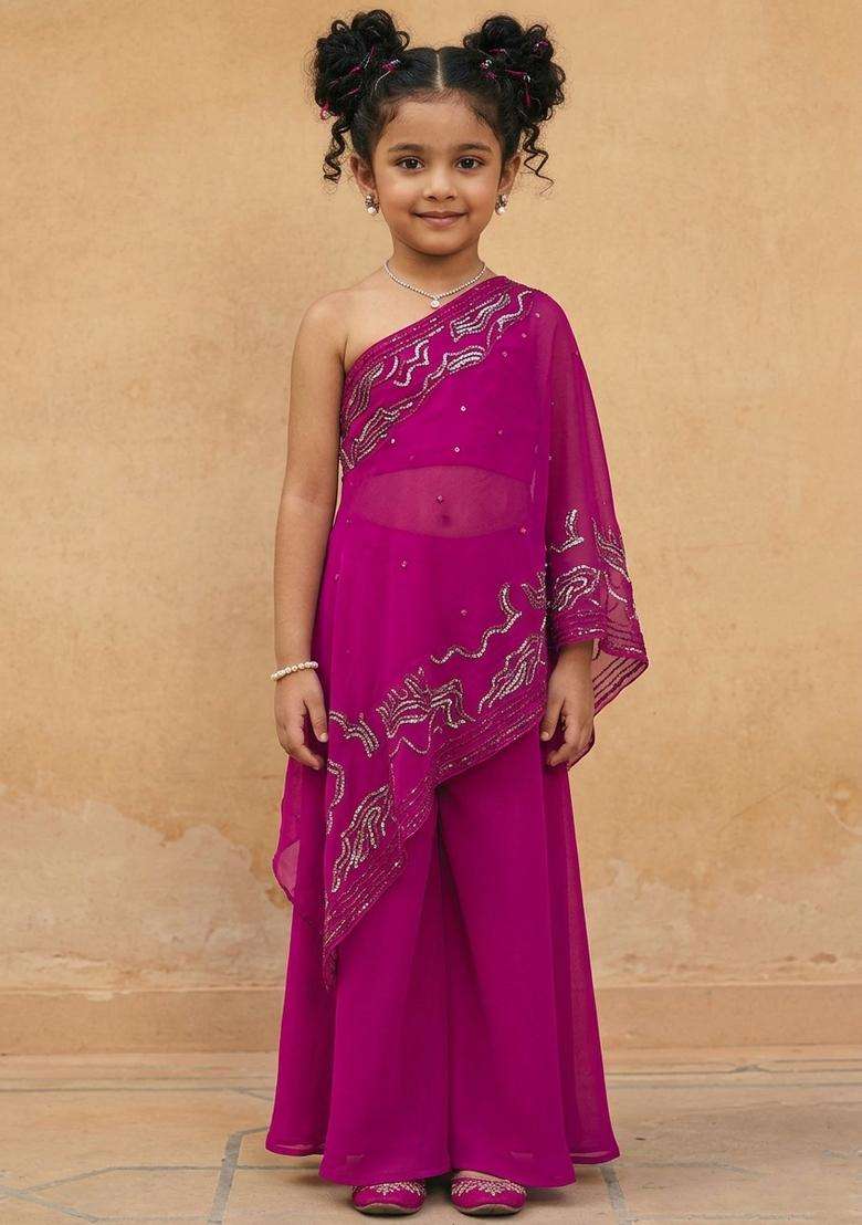 Girls Pink Crepe Embroidered Handwork Fusion Set - Indya