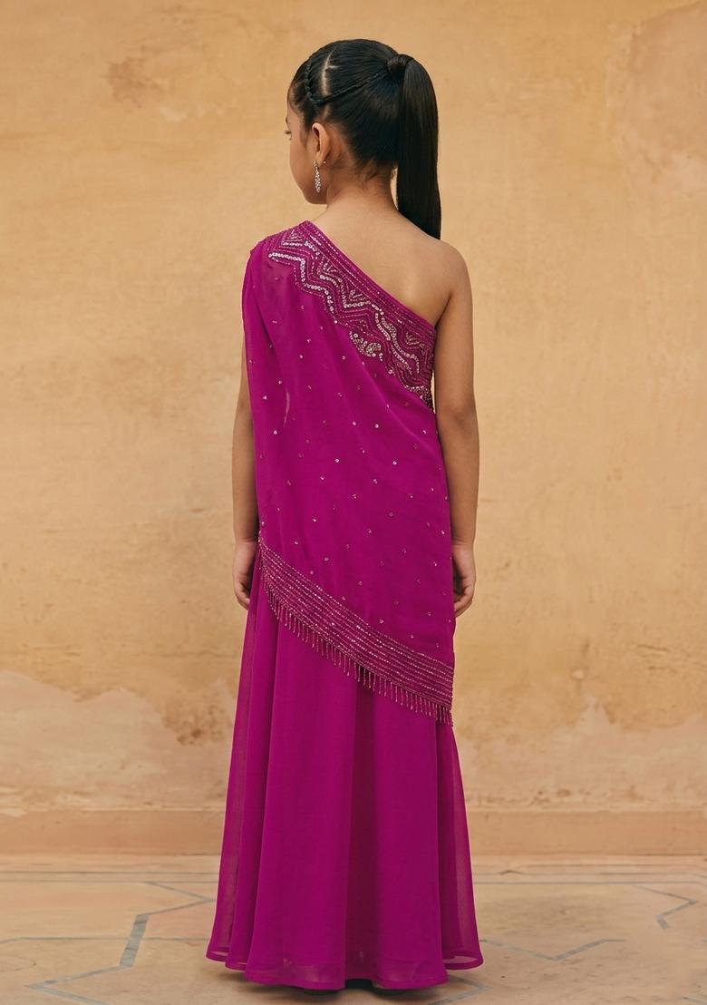 Girls Pink Crepe Embroidered Handwork Fusion Set - Indya