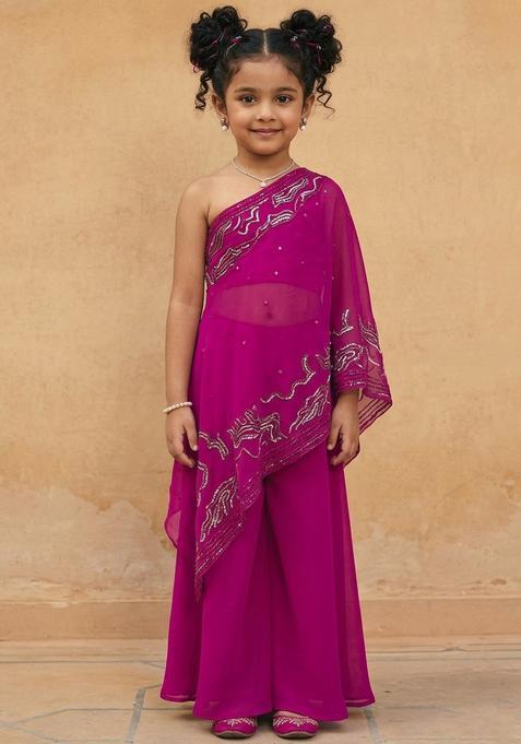 Girls Pink Crepe Embroidered Handwork Fusion Set