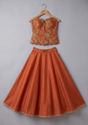 Girls Rust Embroidered Organza Lehenga Set
