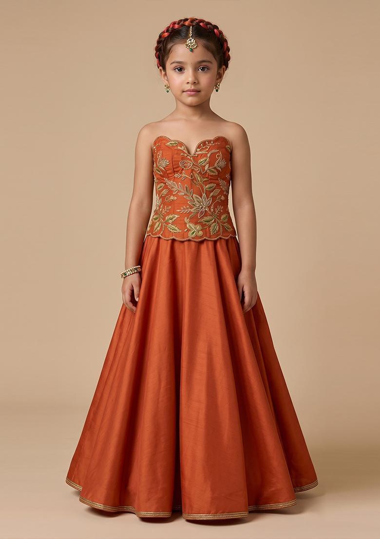 Girls Rust Embroidered Organza Lehenga Set - Indya