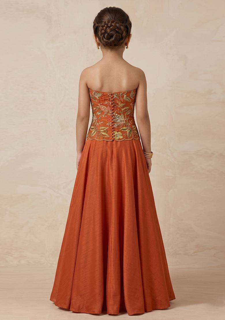Girls Rust Embroidered Organza Lehenga Set - Indya
