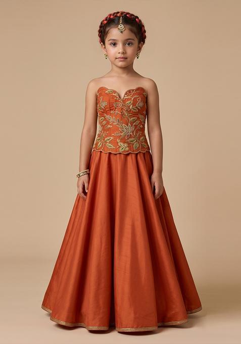 Girls Rust Embroidered Organza Lehenga Set