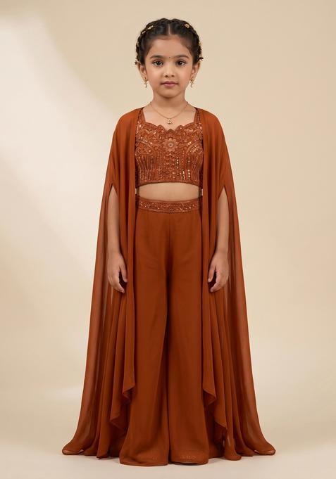 Girls Brown Embroidered Handwork Fusion Set