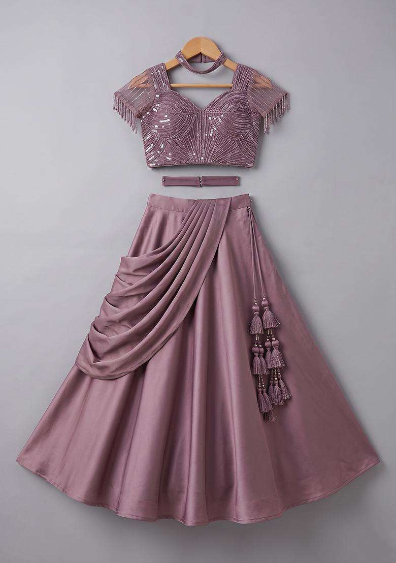 Girls Lavendar Embroidered Handwork Lehenga Set - Indya