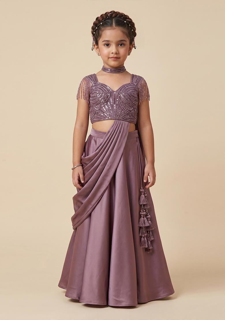 Girls Lavendar Embroidered Handwork Lehenga Set - Indya