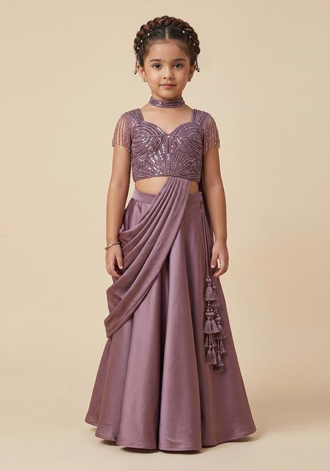 Girls Lavendar Embroidered Handwork Lehenga Set