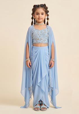 Girls Powder Blue Embroidered Handwork Fusion Set