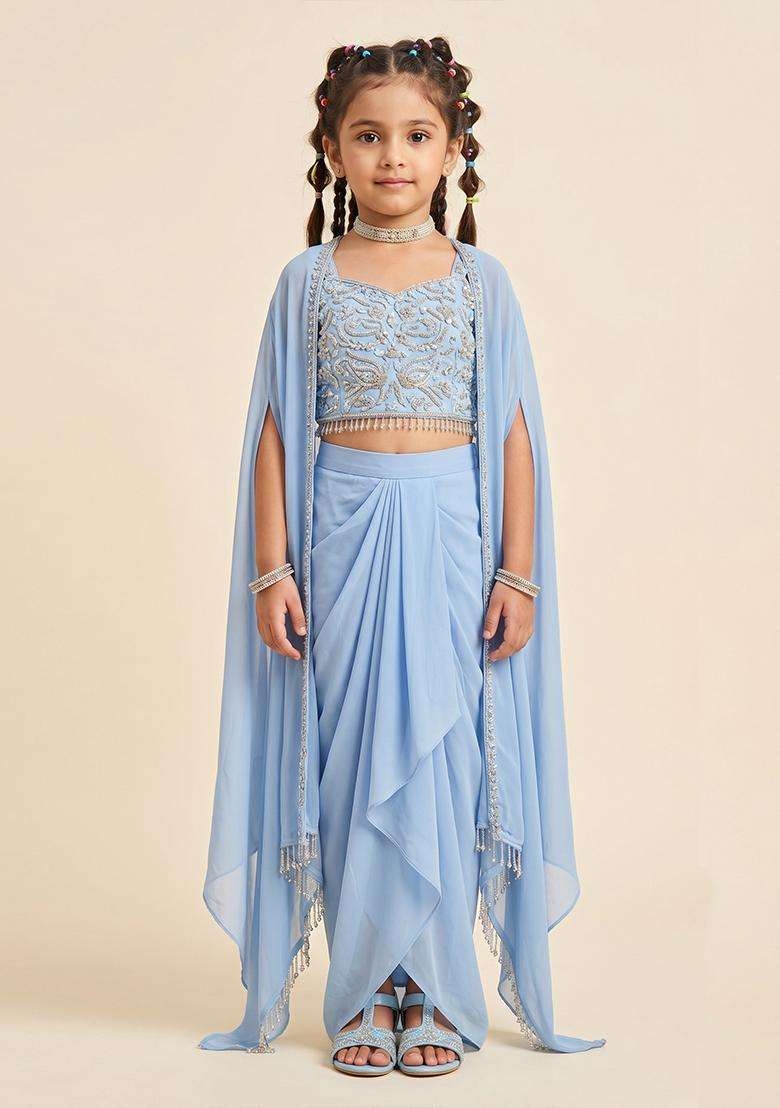 Girls Powder Blue Embroidered Handwork Fusion Set - Indya