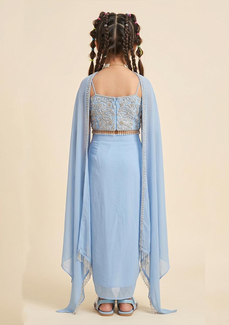 Girls Powder Blue Embroidered Handwork Fusion Set - Indya