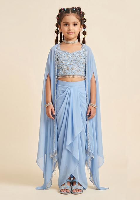 Girls Powder Blue Embroidered Handwork Fusion Set