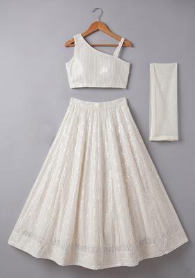 Girls Off White Sequin Georgette Lehenga Set