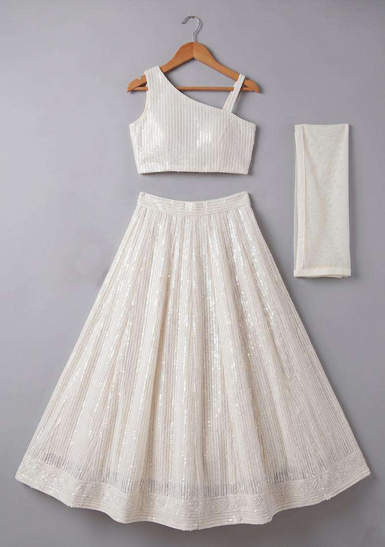 Girls Off White Sequin Georgette Lehenga Set - Indya