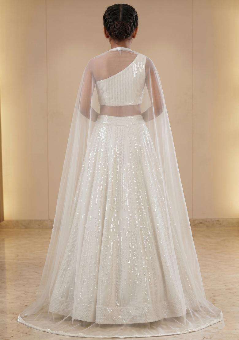 Girls Off White Sequin Georgette Lehenga Set - Indya
