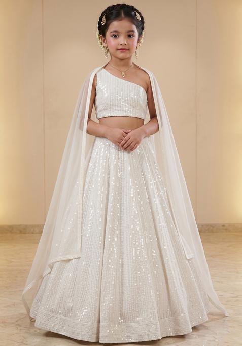 Girls Off White Sequin Georgette Lehenga Set