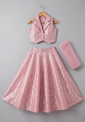 Girls Dusty Pink Jacquard Silk Lehenga Set