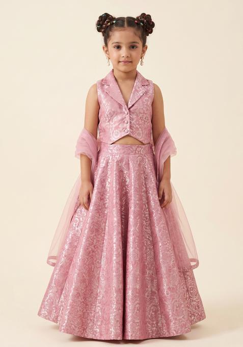 Girls Dusty Pink Jacquard Silk Lehenga Set