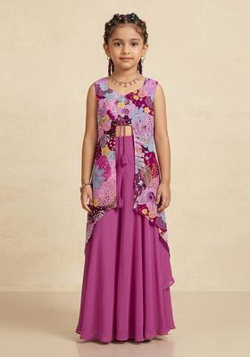 Girls Magenta Purple Printed Crepe Fusion Set
