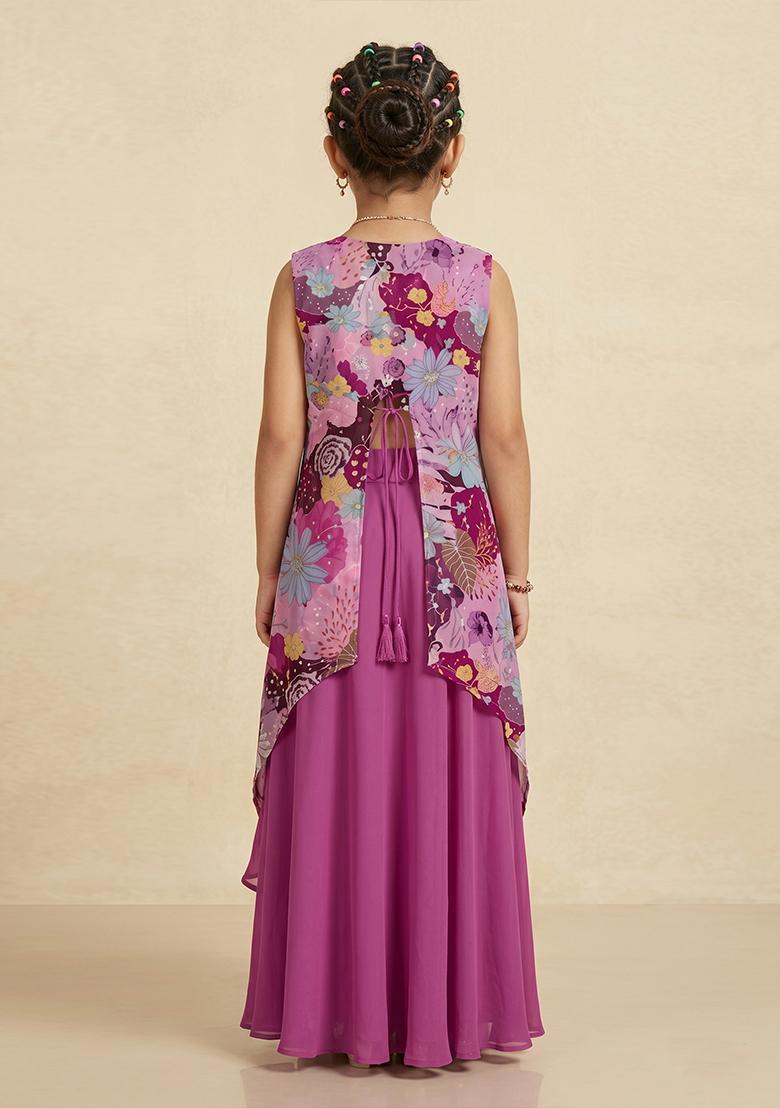 Girls Magenta Purple Printed Crepe Fusion Set - Indya