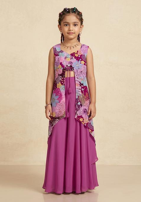 Girls Magenta Purple Printed Crepe Fusion Set
