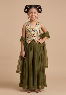 Girls Olive Green Printed Crepe Fusion Set