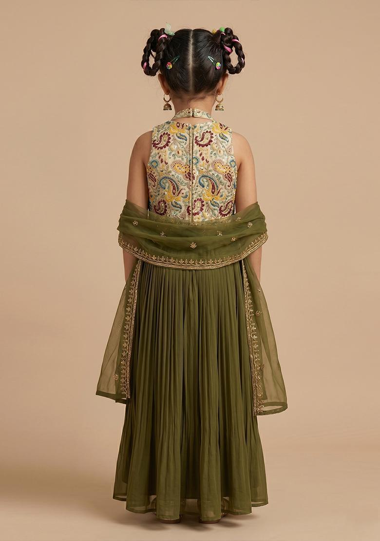 Girls Olive Green Printed Crepe Fusion Set - Indya