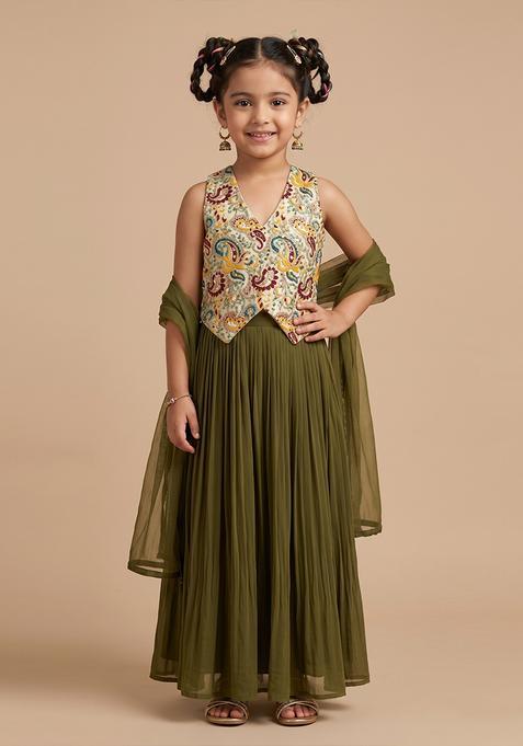 Girls Olive Green Printed Crepe Fusion Set