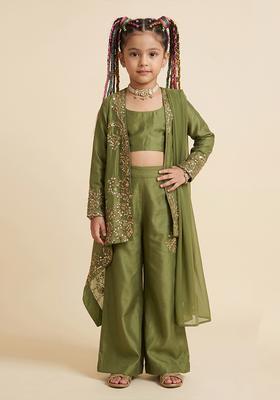 Girls Olive Green Embroidered Handwork Fusion Set