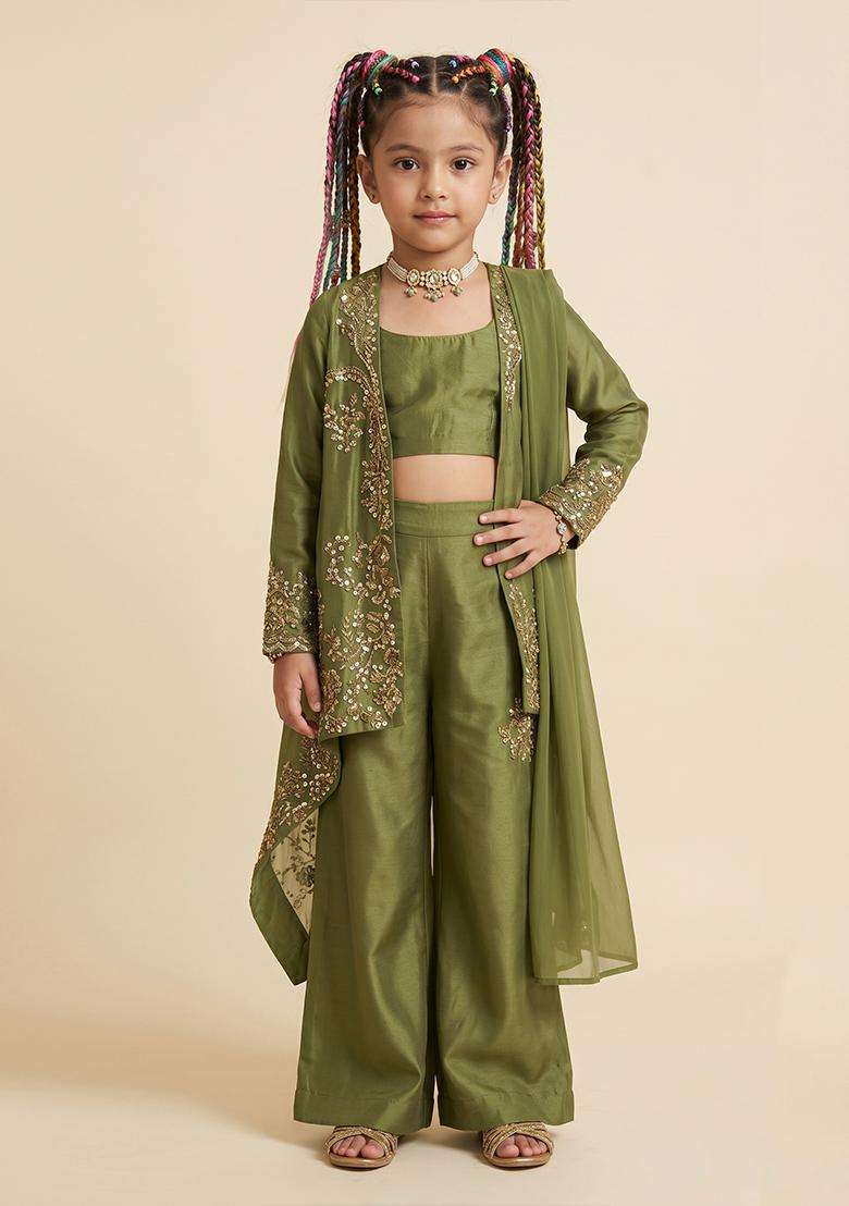 Girls Olive Green Embroidered Handwork Fusion Set - Indya