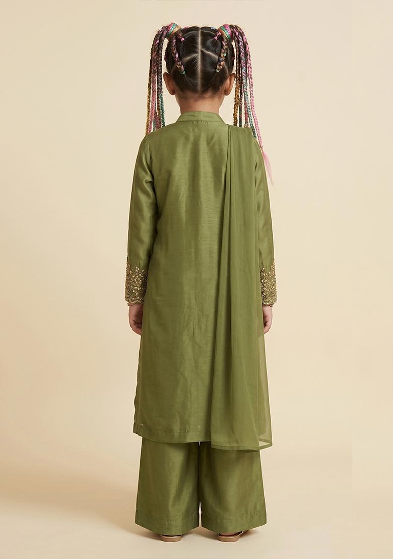 Girls Olive Green Embroidered Handwork Fusion Set - Indya